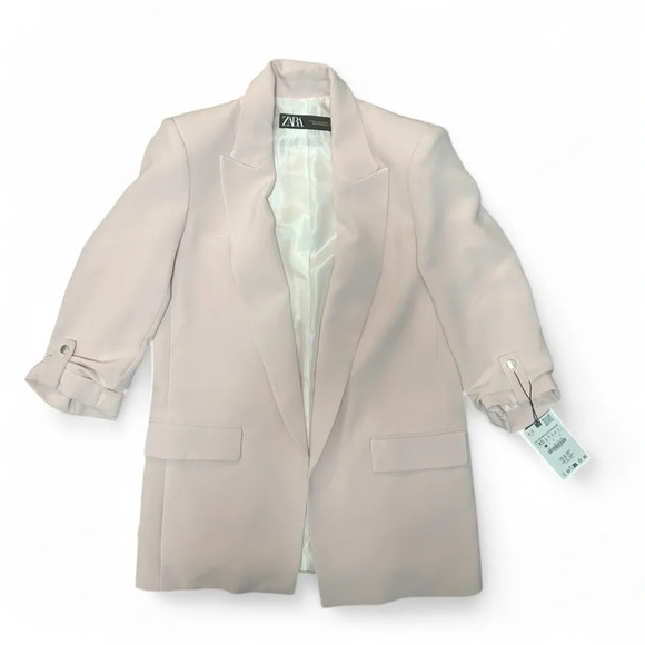 ZARA Basic Blazer Women Sand Pink Cuffed Rolled-Up 3/4 Sleeves Open Front XS NWT - Picture 2 of 13
